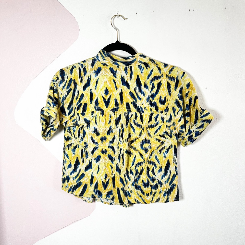 NIC+ZOE Linen Top Womens‎ XS Yellow Blue Ikat Abstract Print Button Front Beach - Picture 2 of 6